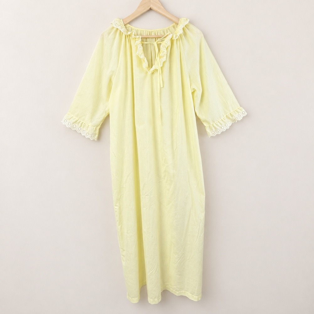 Vintage Yellow Maxi Nightgown Eyelet Lace Ruffle Cottagecore Unmarked Size